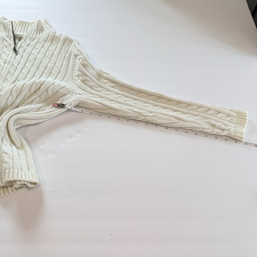 LL Bean Ivory Mock Neck Full Zip Cable Cotton Cardigan Sweater Size LARGE - Picture 8 of 9